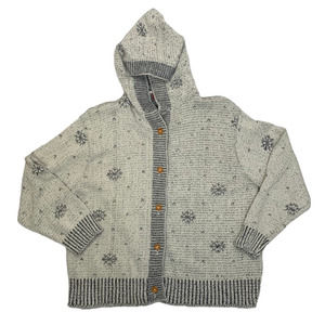 Vintage Binghamton Knitting Co Women's Ivory Blue Cardigan, Hooded, Size XL